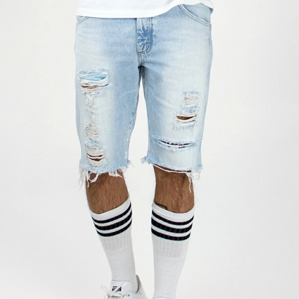 LIGHT STONEWASHED RIPPED JEAN SHORTS - Picture 7 of 9